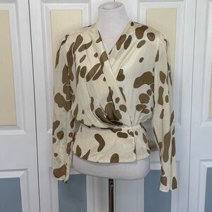 Vintage Nilani Cream and Brown Animal Print Fitted Wrap Blouse with Long Sleeves